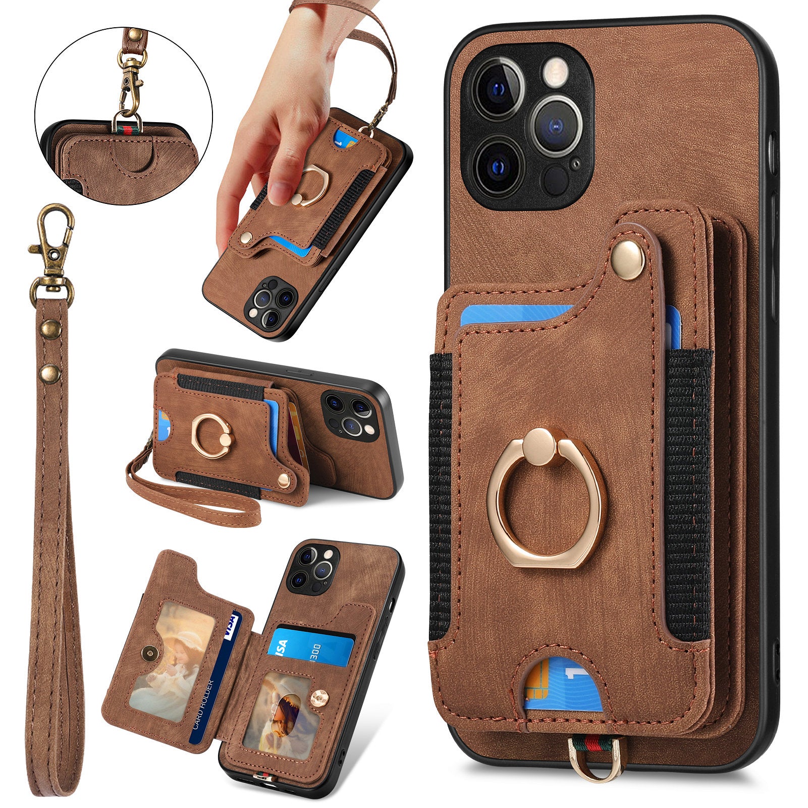 Til iPhone 12 Pro RFID-blokeringskortholder Telefonetui PU-læder PC TPU-ring Kickstand Cover Til iPhone 12 Pro RFID-blokeringskortholder Telefonetui PU-læder PC TPU-ring Kickstand Cover